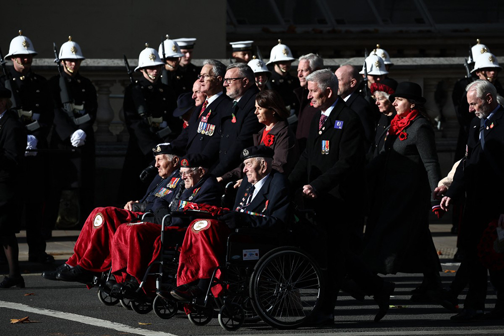 Veterans march past the Cenotaph at the end of the Remembrance Sunday ceremony on Whitehall in central London on November 9, 2025.