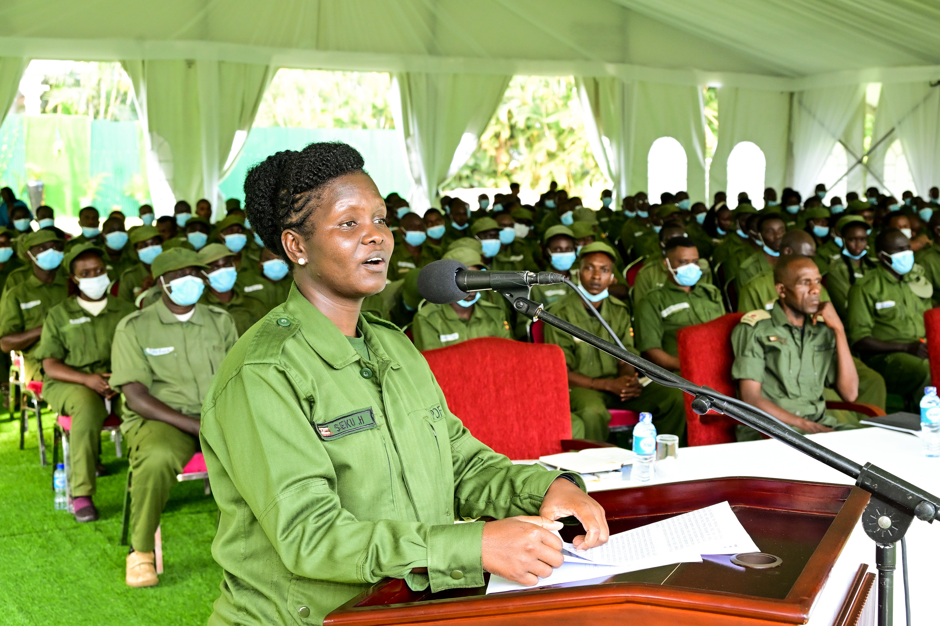 Commissioner in charge of patriotism, Hellen Seku addressing intern doctors at State House Entebbe on Saturday. (PPU Photo)