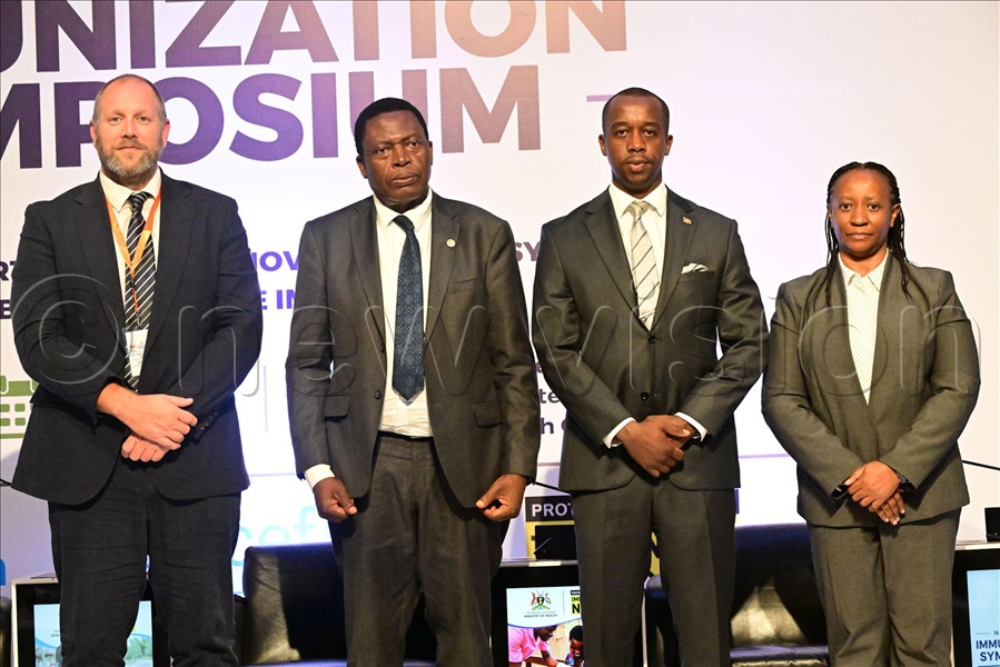 (L-R) Stefan Lawson Chief of Health at UNICEF Uganda, Prof. Charles Olaro Director General health services, Charles Ayume MP Koboko Municipality and State minister for primary healthcare and Dr. Kasonde Mwinga WHO Country Representative to Uganda share a group picture during the national immunization symposium at Serena Hotel in Kampala on June 25, 2026. (Credit: Maria Wamala)