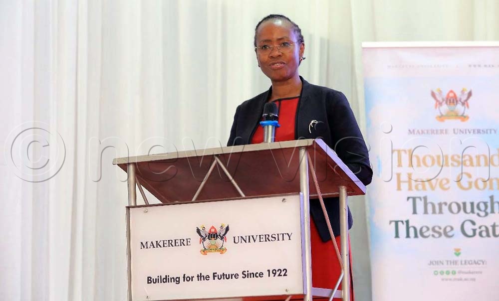 Prof. Sarah Ssali the deputy vice chancellor in charge of academic affairs, representing vice chancellor Prof. Barnabas Nawangwe at the Ngũgĩ wa Thiong’o Memoriam held at Makerere University’s Main Hall. (Credit: John Odyek)