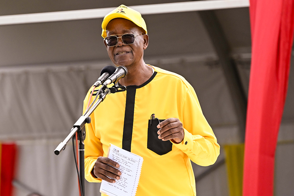 Prof. Ephraim Kamuntu addresses guests during his thanksgiving ceremony in Sheema on Saturday. (PPU Photo)