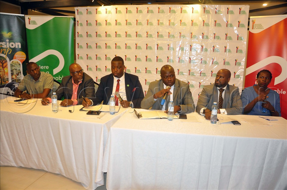 (L-R) Kakuuku, Mugyenyi, Asiimwe, Okurut, Rukare, Kiiza during the launch of a 30-day mining media campaign designed to spotlight the country’s mineral potential and promote sustainable development in the sector at Four Points by Sheraton.
