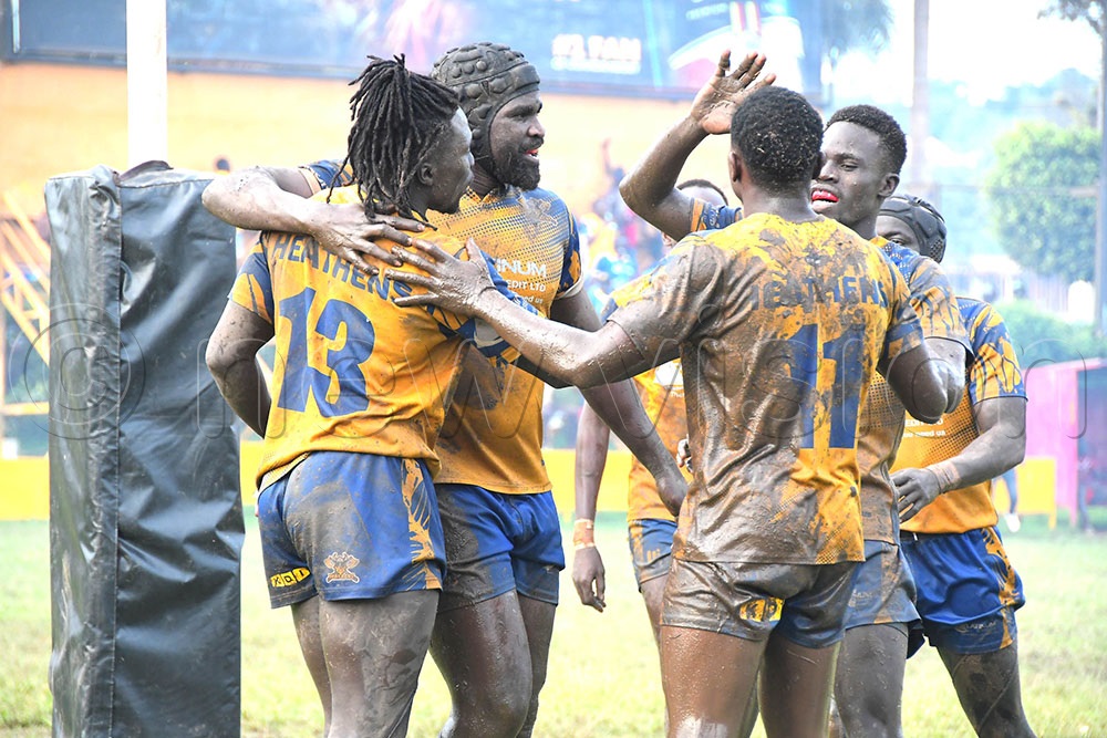Heathens players celebrate a try as they beat Victoria University 35-17 at Kyadondo in a Uganda Cup encounter November 1 2025. (Photo: Silvano Kibuuka)
