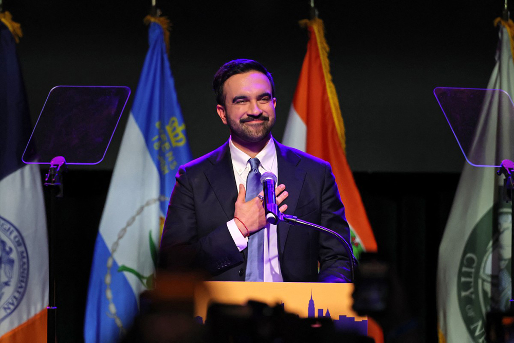 New York City Mayoral candidate Zohran Mamdani celebrates during an election night event at the Brooklyn Paramount Theater in Brooklyn, New York on November 4, 2025.