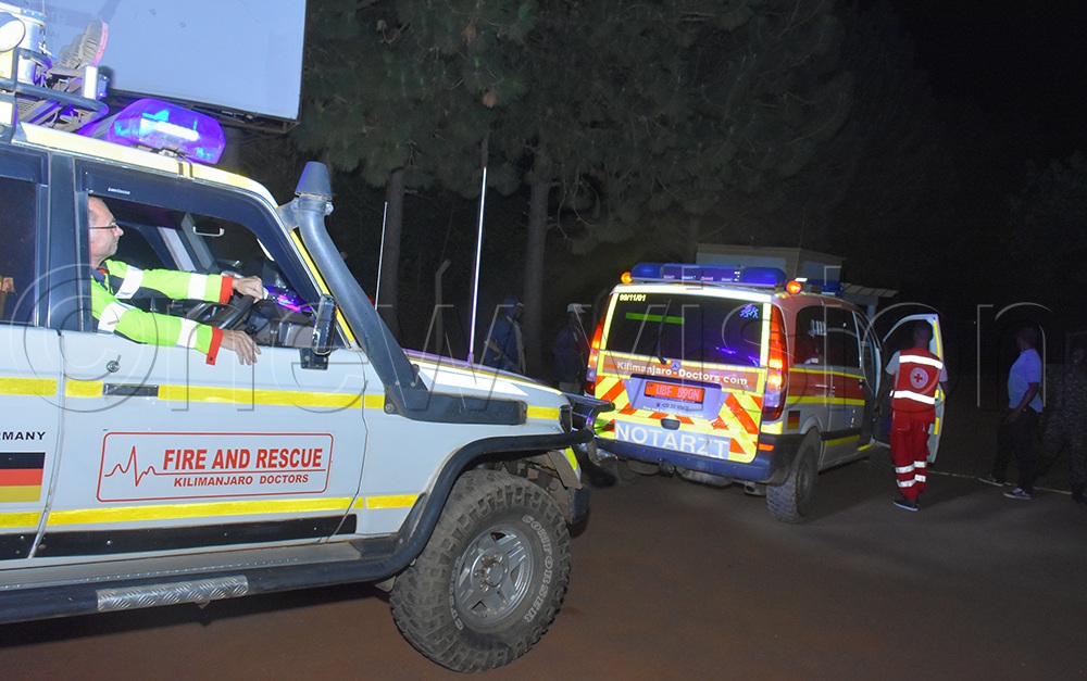 Some of the ambulances coordinated by the Uganda Red Cross, accessing the premises to offer rescue services. (Credit: Julius Luwemba)