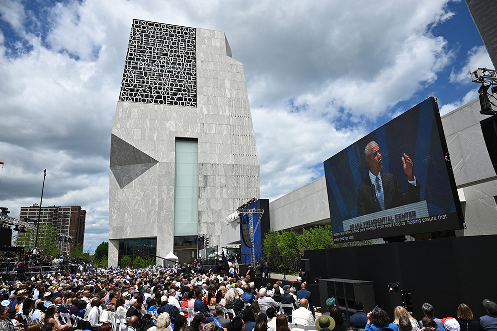 Former US President Barak Obama speaks during opening day of the Barack Obama Presidential Center in Chicago, Illinois, on June 18, 2026. (Photo by Pedro Ugarte / AFP)