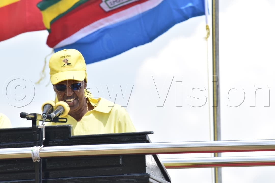 First Lady and Minister of Education and Sports, Maama Janet Museveni speaking at the campaign rally. (Credit: Simon Peter Tumwine)