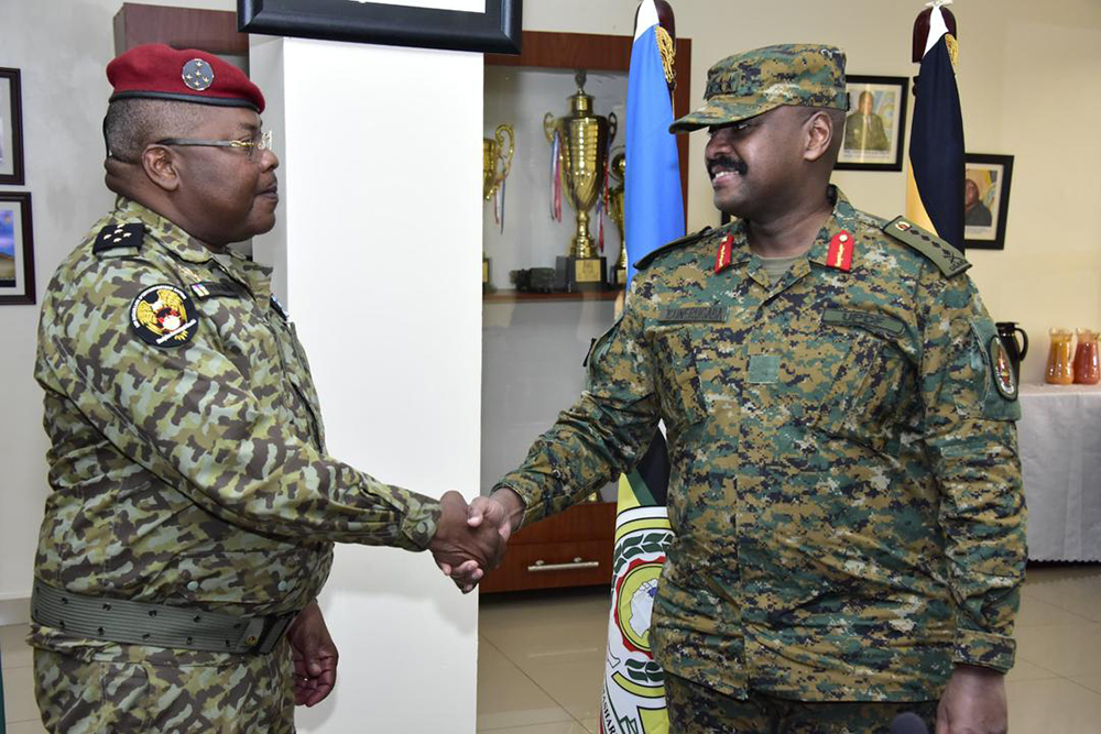Chief of Defence Forces, General Muhoozi Kainerugaba, receives the Chief of General Staff of the Central African Armed Forces (FACA), Major General Z&eacute;pherin Mamadou. (Courtesy)
