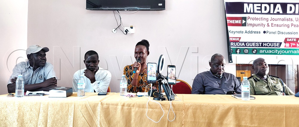 Panelists from Uganda Human Rights Commission, Uganda Police Force, Civil Society Organization, Electoral Commission and the press addressing the concerns raised by the journalists and other stakeholders during the media dialogue in Arua City. (Photo by Robert Adiga)