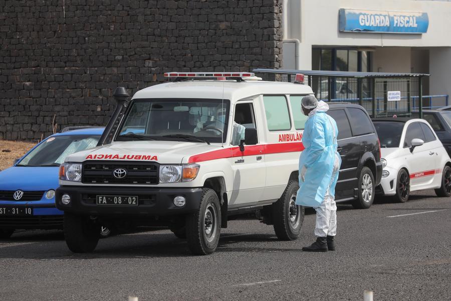 An ambulance involved in the evacuation of passengers suspected of hantavirus infection is pictured in Praia, Cabo Verde, on May 6, 2026. (Credit: AFP)