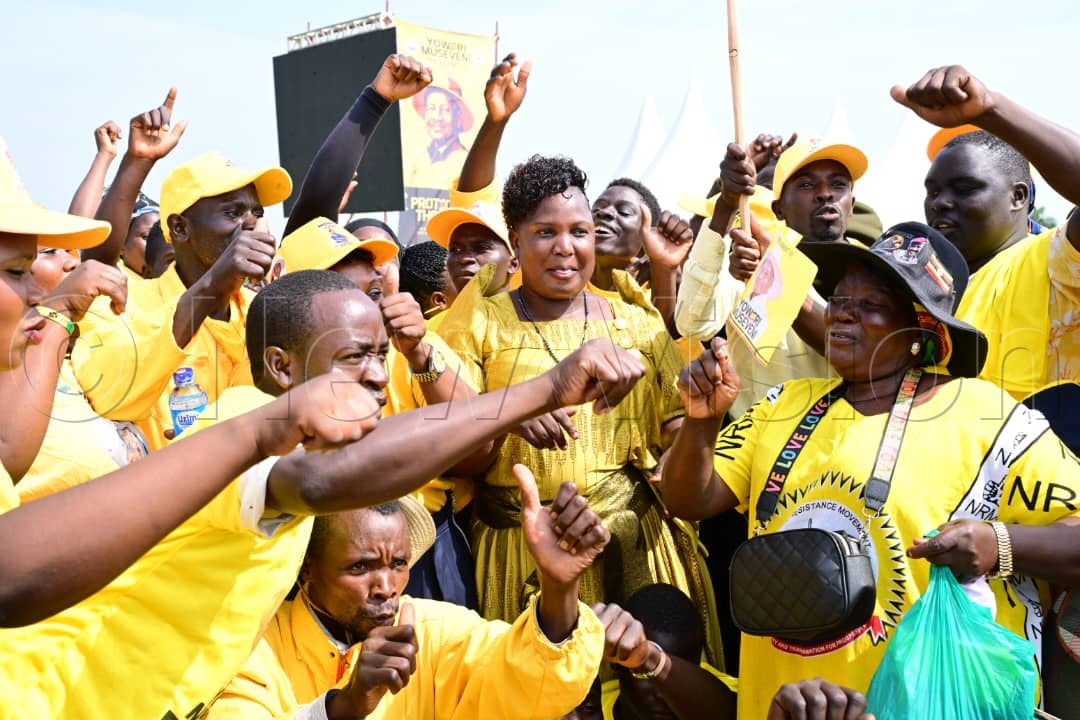 Hellen Nakkeeya, Kalungu district NRM woman parliamentary flag bearer with her supporters at Lukaya where she received a flag from president Yoweri Museveni.