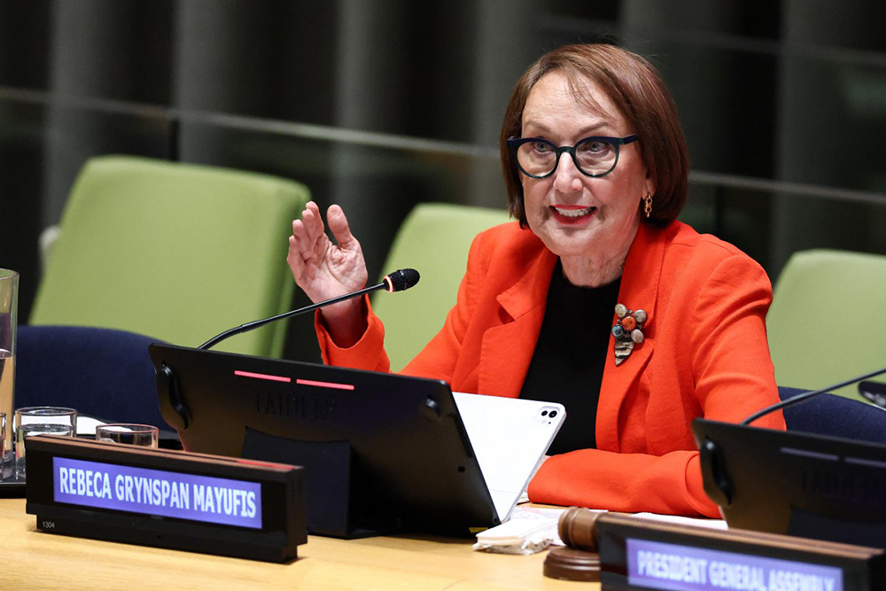 Costa Rican economist and former Second Vice President Rebeca Grynspan speaks during a hearing to be considered as the next Secretary-General of the United Nations at the UN Headquarters in New York, on April 22, 2026. (AFP)