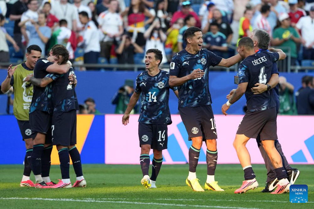 Players of Paraguay celebrate after winning the round of 32 match between Germany and Paraguay at the 2026 FIFA World Cup at Boston Stadium in Boston, the United States, June 29, 2026. (Xinhua)