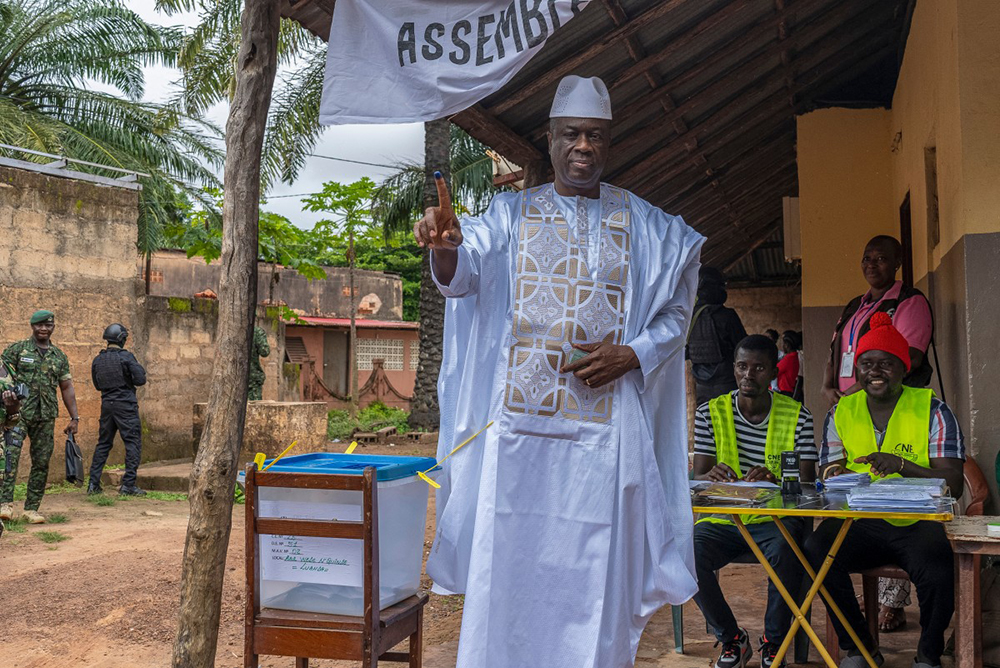 Guinea-Bissau's transitional president General Horta N'Tam shows his ink-stained finger after casting his ballot at a polling station during the country's constitutional referendum in Bissau, on August 30, 2026.