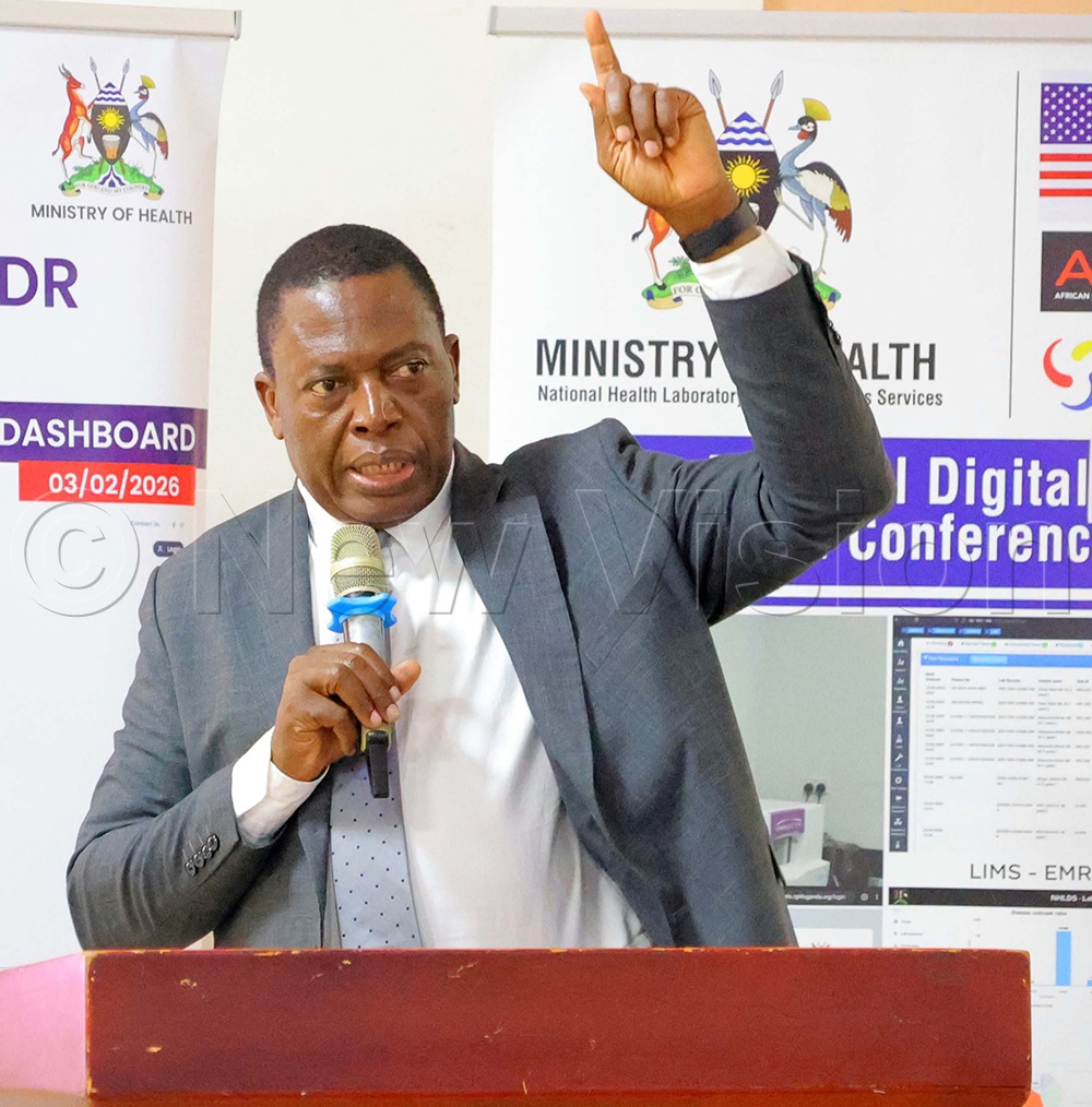Dr Charles Olaro, Director General of Health Services, speaking during the Launch of the integrated electronic requests and results dispatch system validation of the Laboratory Data Repository at Silver Springs Hotel. (Credit: Violet Nabatanzi)