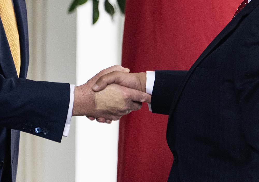 Discoloration is seen on the hand of US President Donald Trump as he welcomes Bahrain's Crown Prince Salman bin Hamad al-Khalifa to the White House at the West Wing entrance in Washington, DC, on July 16, 2025. (AFP/Files)