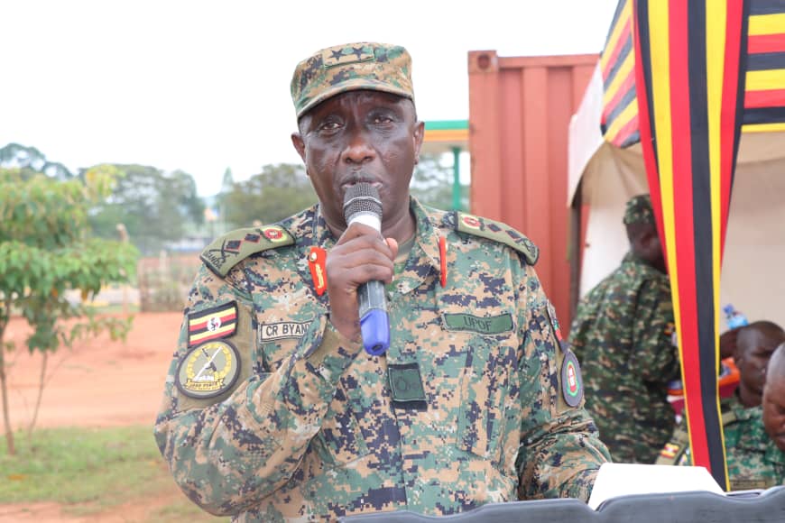 The Motorised Infantry Division Commander, Maj Gen Charles Byanyima at the pass out of armoured  vehicle combat drivers.