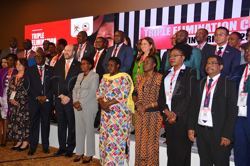 The Vice President Jessica Alupo (with a yellow scarf), Health minister Dr Ruth Acheng (fifth front row), US Ambassador (sixth front row) pose for a group photo with the delegates after the opening of Triple Elimination Conference Africa (TECA 2025) at Speke Resort Munyonyo in Kampala on July 21, 2025. (Photo by Francis Emorut)
