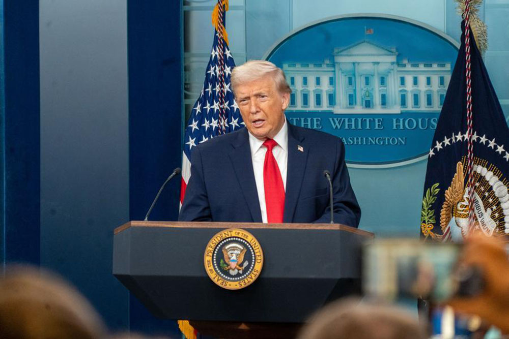 U.S. President Donald Trump speaks during a press briefing at the White House in Washington, DC, the United States, on January. 20, 2026. (Xinhua Photo)