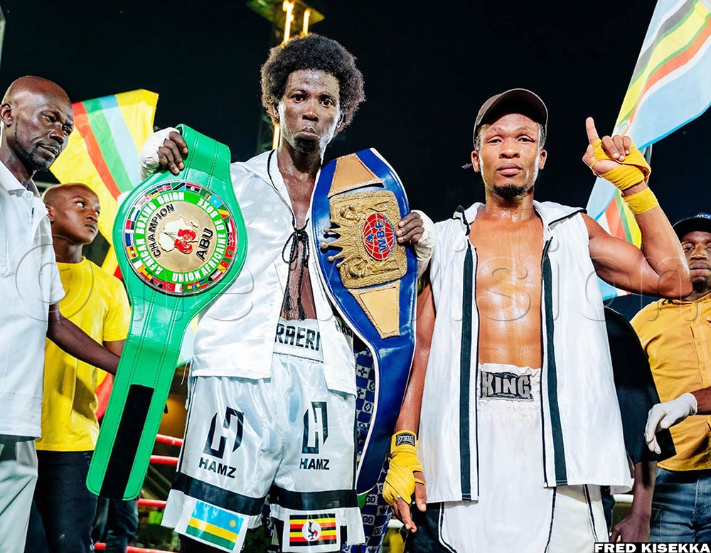  Danicng Master Latibu Muwonge (left) posing for a photo with Tanzania's Karim Ali Lufunda at Hamz Stadium. (Photo by Fred Kisekka)