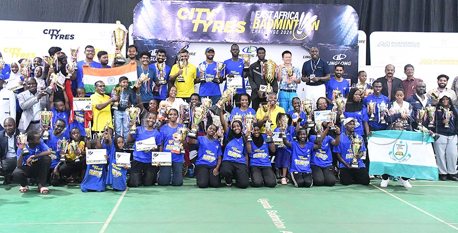The different winners pose with their trophies after the finals of the City Tyres-Linglong East Africa Badminton Challenge at the Lugogo Indoor Arena, October 18, 2026. Photo by Michael Nsubuga