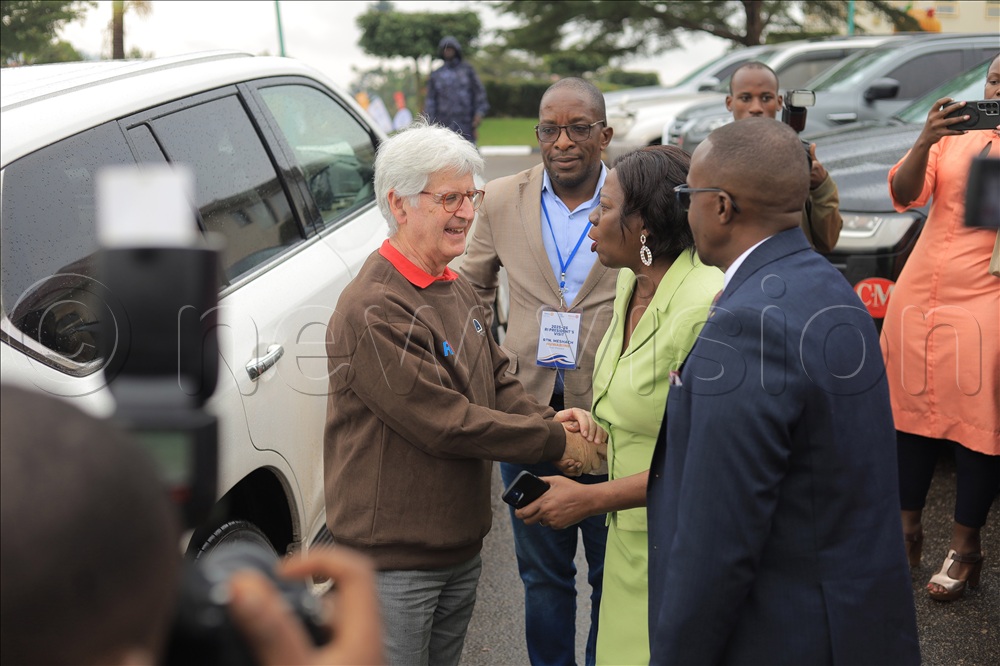The International Rotary President Francesco Arrezo being welcomed by the excutive director JCRC Dr Cissy Kityo and President of Rotary Club of Kampala Springs, Robert Ssemtwemba.