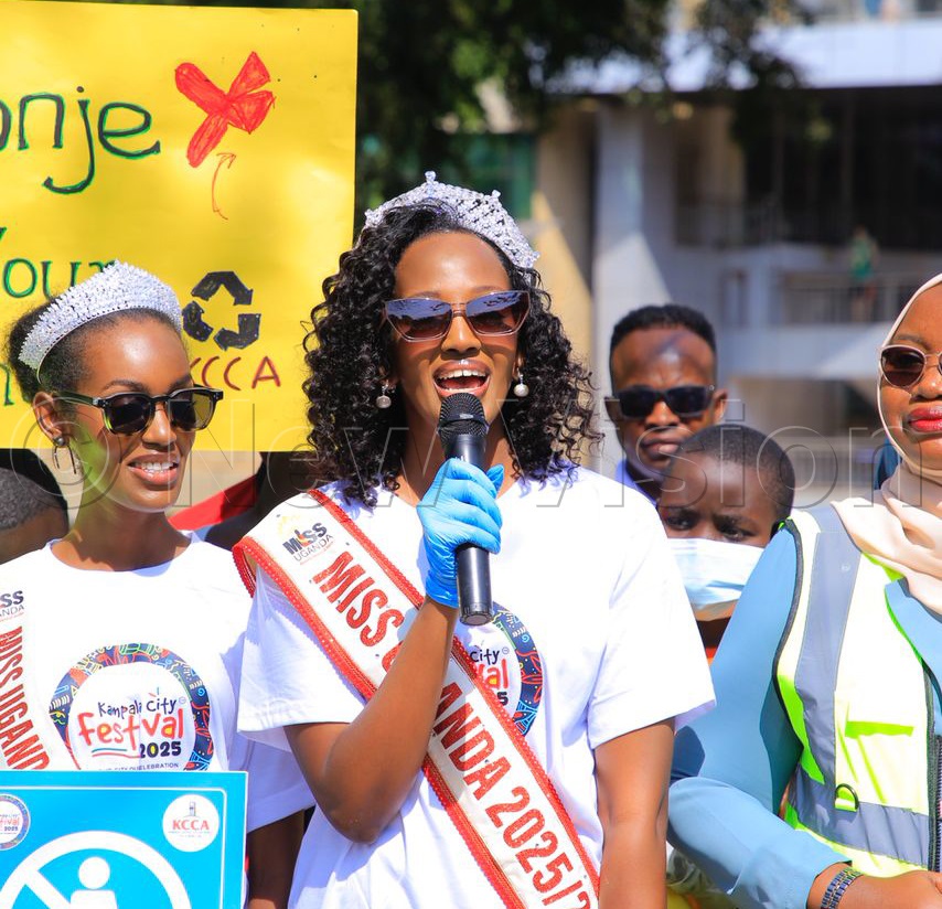 Reigning Miss Uganda, Muhooza Trivia, speaking during the cleaning exercise. (Credit: Miriam Najjingo)