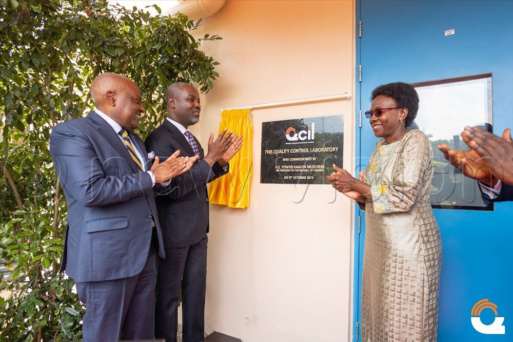 Deputy Speaker Thomas Tayebwa launches the new labaratory alongside Health Minister Ruth Aceng and Chairman Quality Chemicals Emmanuel Katongole.