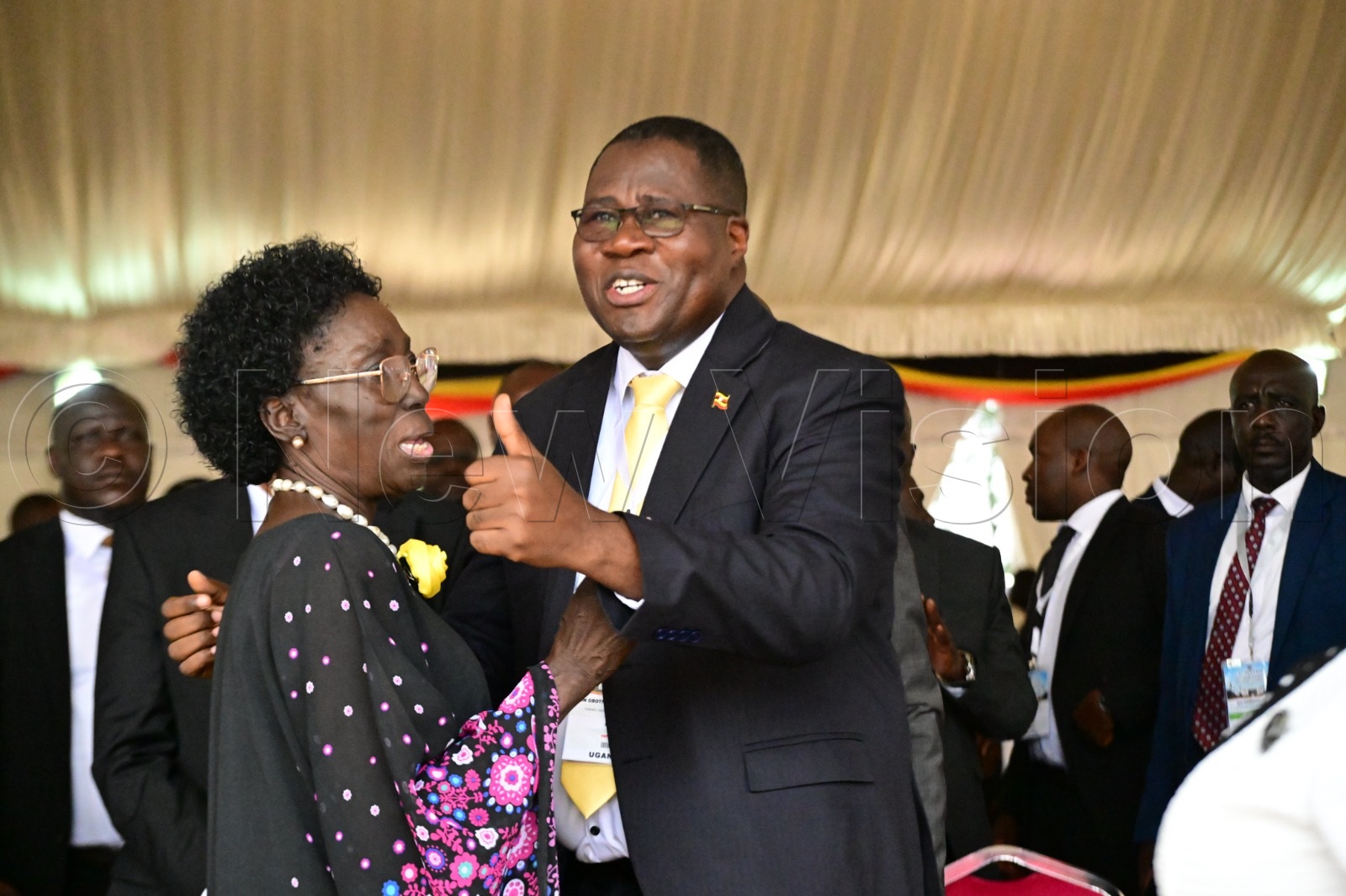 Rebecca Kadaga congratulating the Speaker of the 12th Parliament, Jacob Oboth-Oboth. (Credit: Maria Wamala)