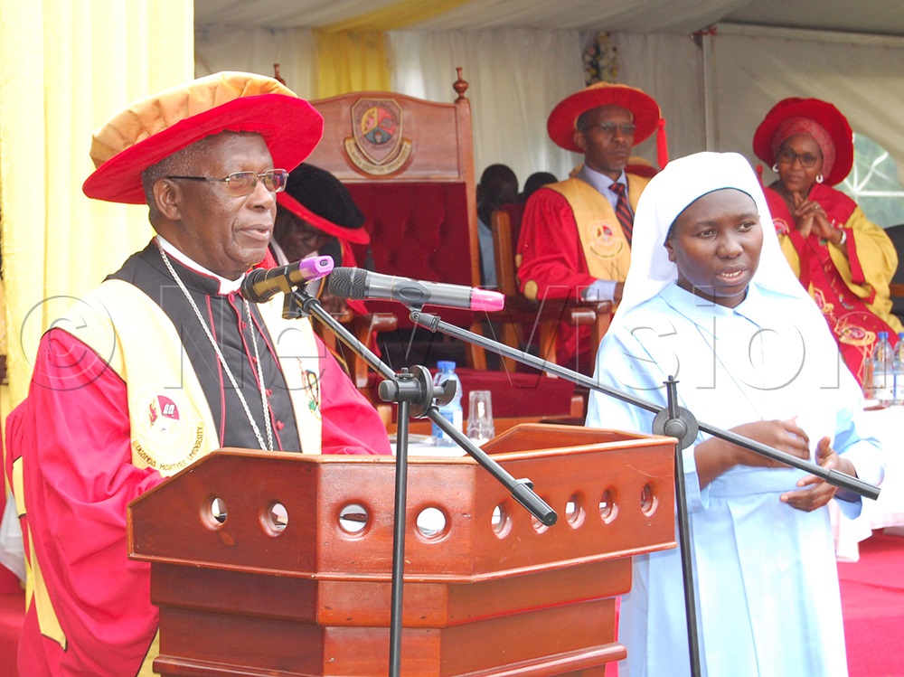 The Chancellor of UMU, the Rt Rev. Prof. Joseph Antony Zziwa (left) delivers his speech during the university's  31st Graduation function at the university's main campus in Mpigi dstrict on Saturday, October 18, 2025. (Photo by Mathias Mazinga)