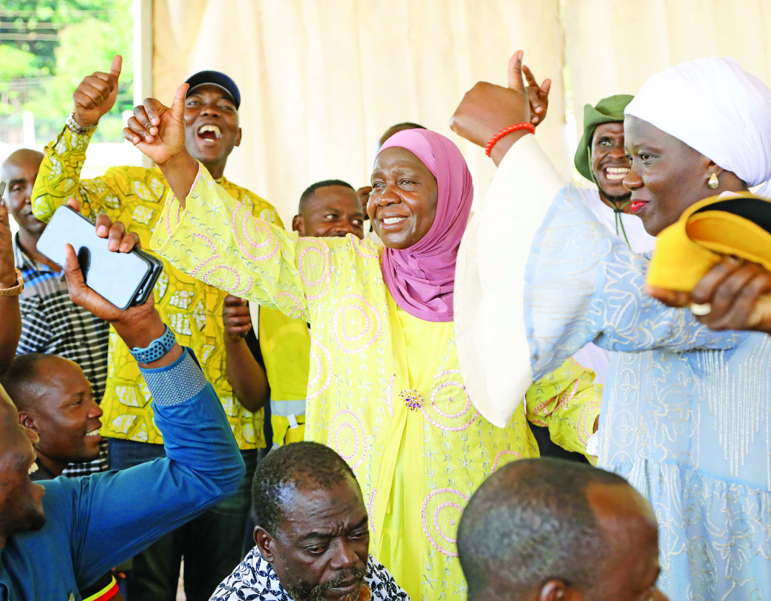 Kampala minister Minsa Kabanda (centre) who was declared the winner of Kampala  Central, celebrating with her supporters at Kololo Independence Grounds yesterday.