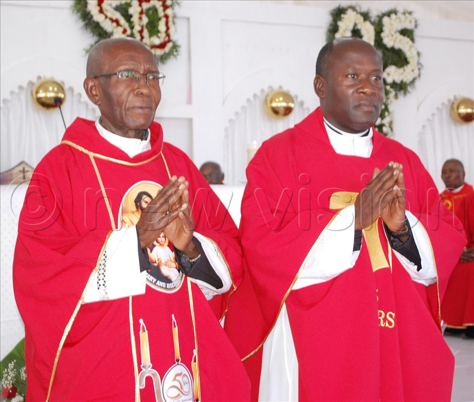 Lady Veronica's two clerical sons, Fr. Joseph Kakooza (left) and Fr. Joseph Balikuddembe Ssemanda during their joint sacerdotal anniversary celebration at St. Peter's Proto-Cathedral Nsambya on September 14, 2024. 