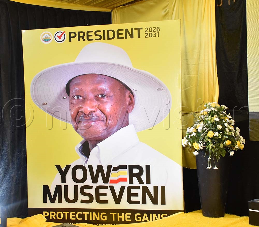 President Yoweri Museveni’s official campaign portrait for the year 2025/2026 at the NRM offices shortly after unveiling it. (Credit: Simon Peter Tumwine)  