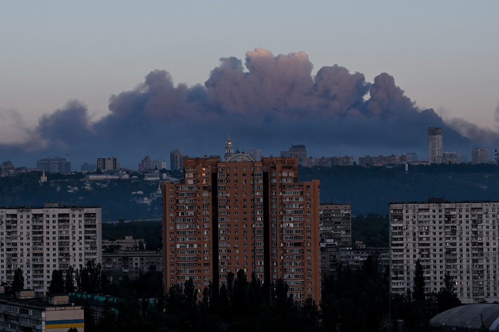 Smoke rises above Kyiv during a Russian strike on the Ukrainian capital on May 24, 2026, amid the Russian invasion in Ukraine. 