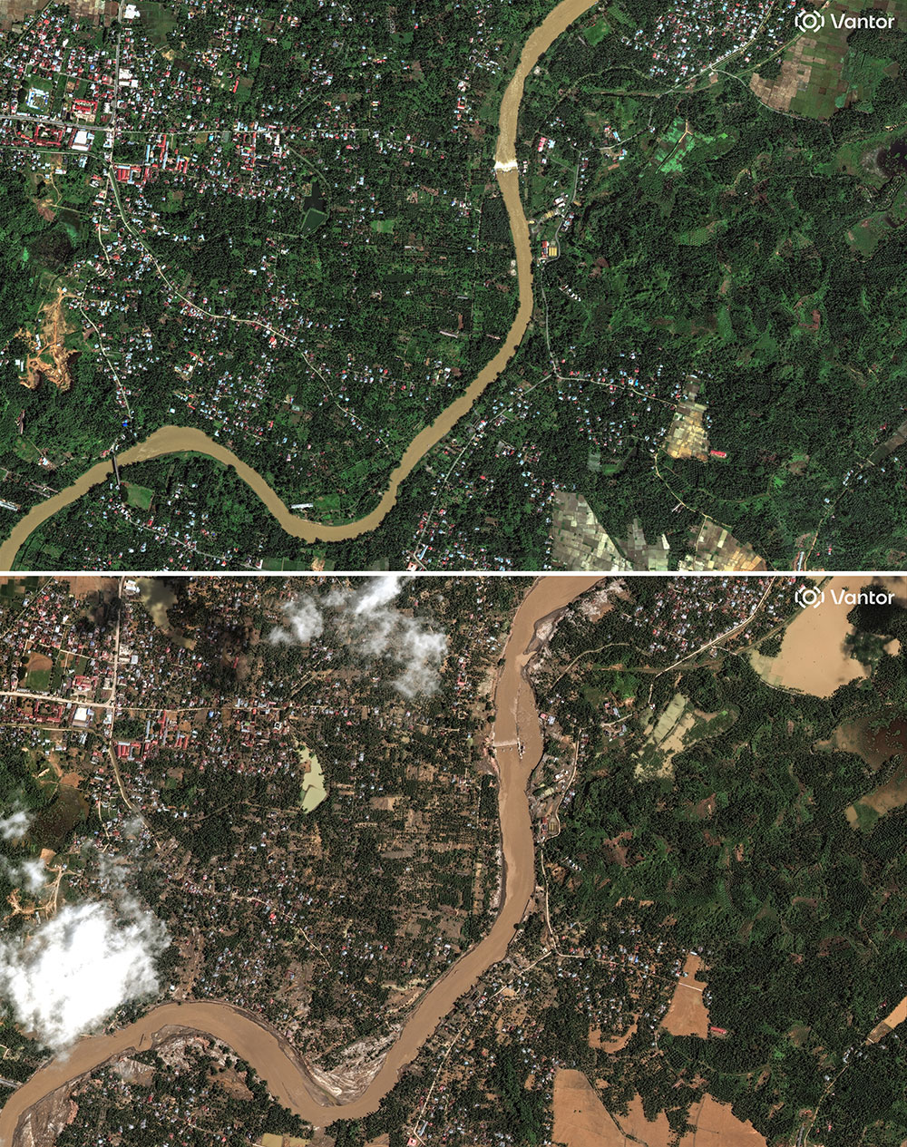 This combination of handout satellite images created on December 2, 2025 shows an overview east of Bireuen, Indonesia's Aceh Province on December 14, 2024 (top), and during flooding in the area (bottom) on November 30, 2025. (AFP/Vantor)