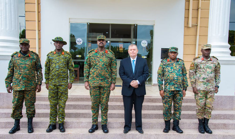 Chief of Defence Forces, Gen Muhoozi Kainerugaba,&nbsp;flanked by several senior UPDF  officers, with the outgoing Russian Ambassador Vladlen Semivolos&nbsp;, on Tuesday at the Special Forces Command in Entebbe.