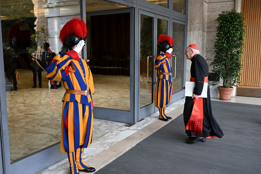 This photo taken and handout on April 28, 2025, by The Vatican Media shows Cardinale Giovanni Battista Re as he arrivesto attend the fifth congregation meeting in The Vatican.