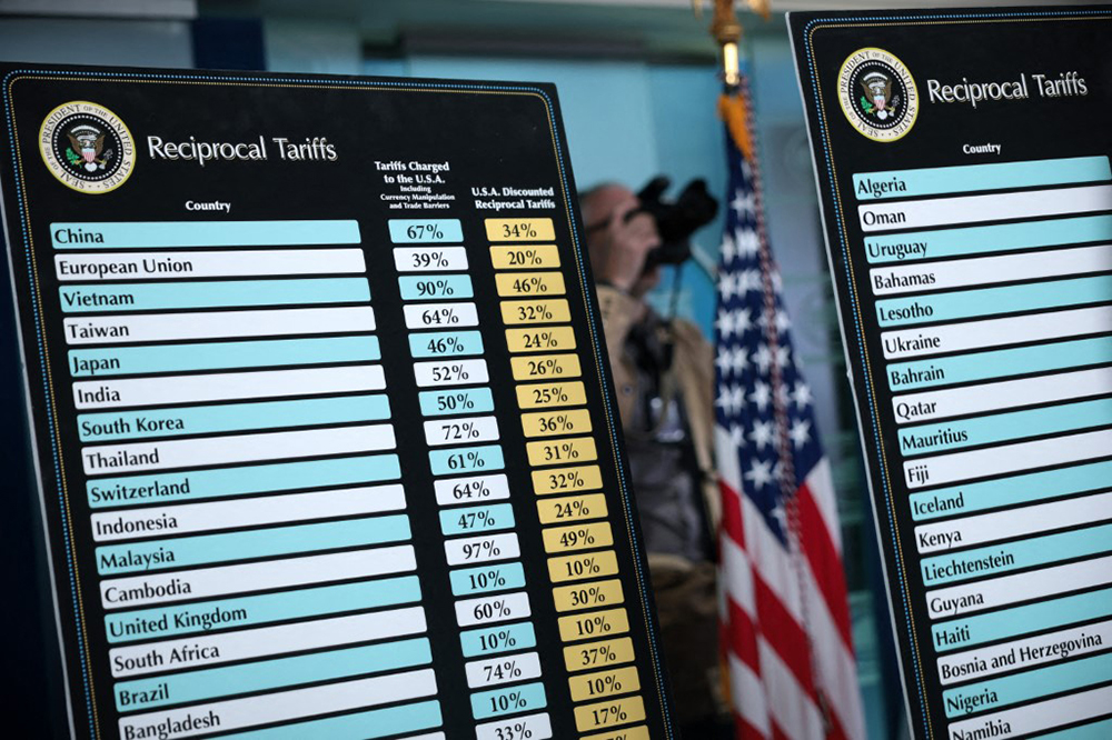 Charts that show the “reciprocal tariffs” the U.S. is charging other countries are on display at the James Brady Press Briefing Room of the White House on April 2, 2025 in Washington, DC. (AFP Photo)