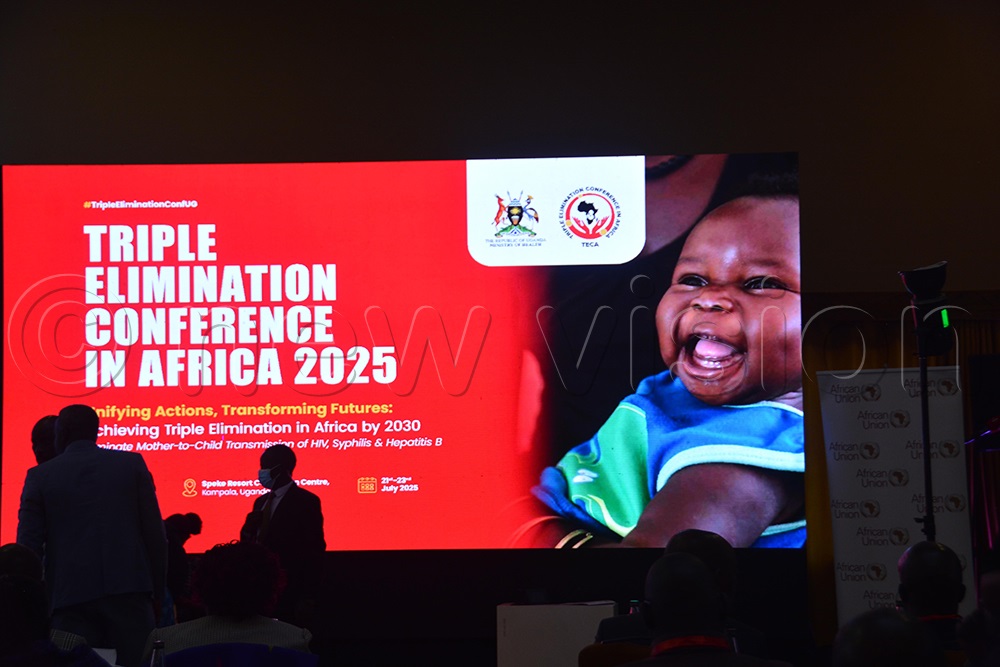 A baby's face on the screen during the Triple Elimination Conference in Africa at Speke Resort Munyonyo on July 21, 2025. (Photo by Francis Emorut)