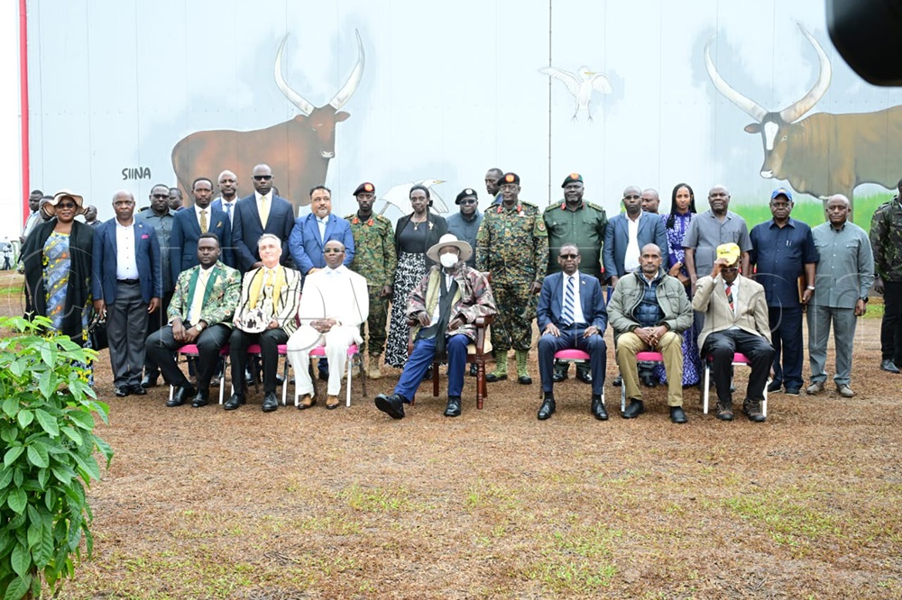 President Yoweri Museveni in a group photo with officials from govt and the factory after commissioning the multi-billion Meat and Beans Processing factory in Kisozi, Gomba District on Wednesday, July 15, 2026. (Credit: Eddie Ssejjoba)