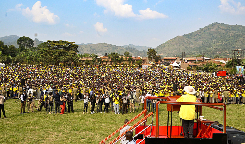 President Museveni addressing a campaign rally at Nkaiga Primary School grounds in Busongora North county on Monday, Jan. 12, 2026. (PPU)