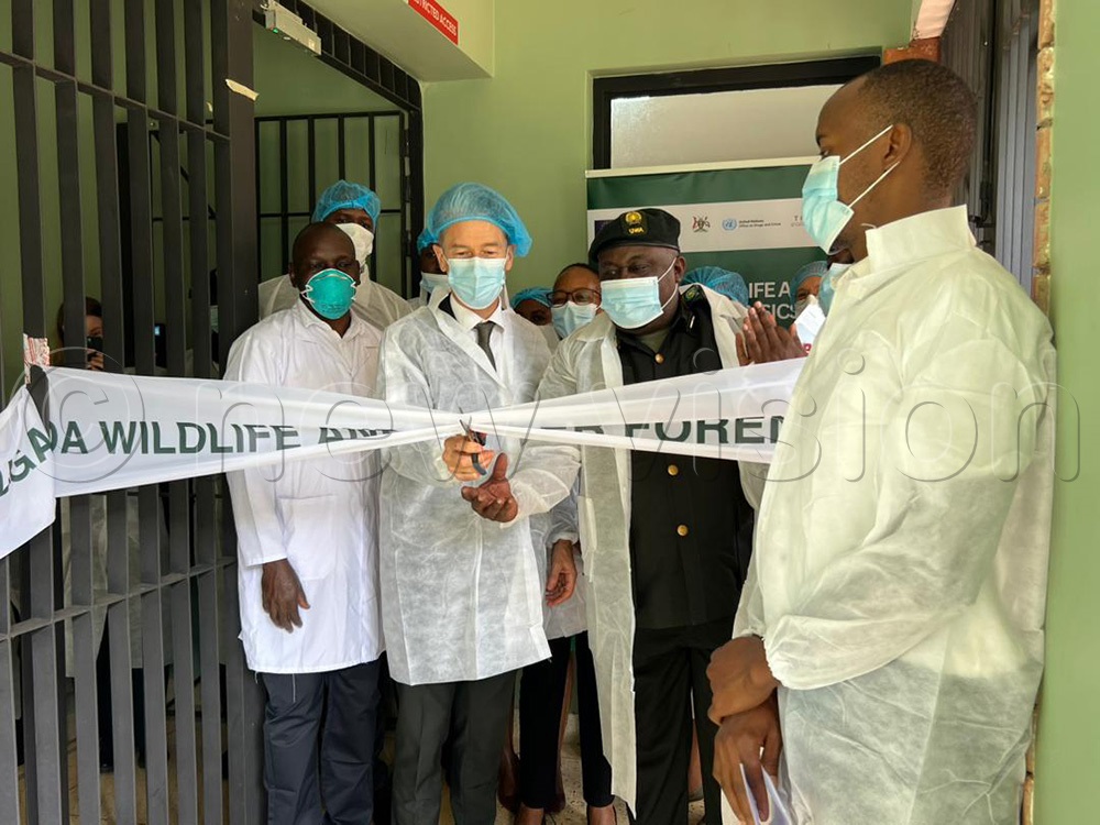 Ambassador Jan Sadek, David Musingo (2nd right) among other officials while opening the wildlife and timber forensic laboratory at Uganda Wildlife Conservation Education Centre (UWEC). (Photo by Julius Luwemba)