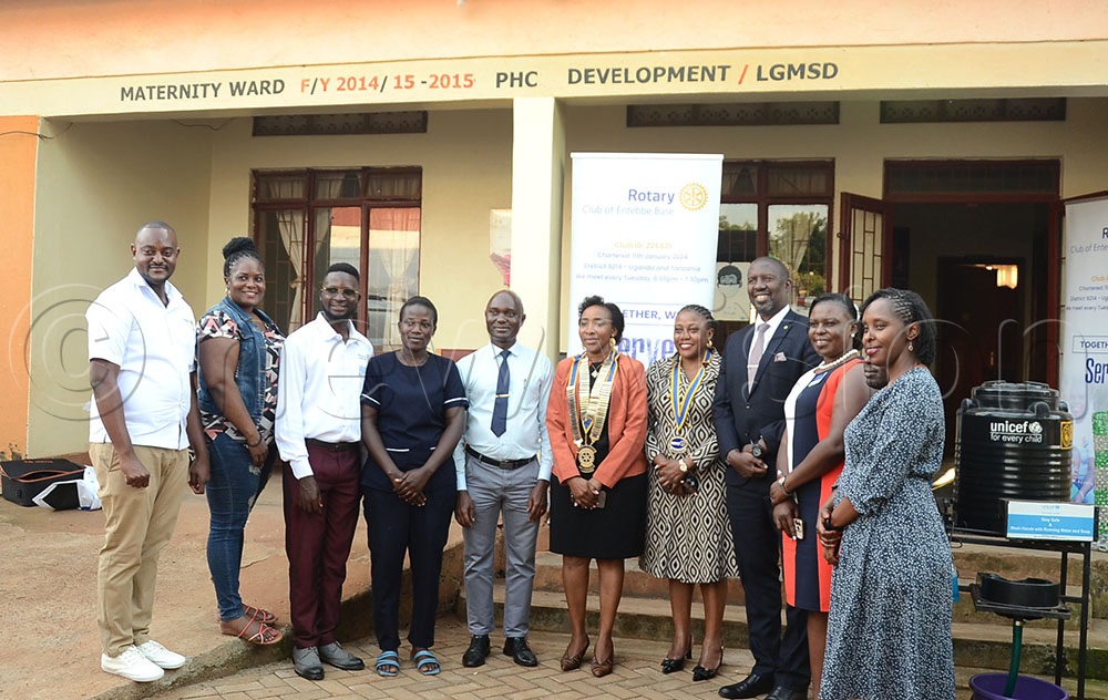 Christine Kyeyune Kawooya (sixth from Left), the Rotary District 9214 Governor, joins Rotarians and staff of Katabi Health Centre III at the health facility in Entebbe Municipality, Wakiso district. This was during the governor’s visit to the club in Entebbe Municipality, Wakiso district, on August 27, 2025. (Credit: Lawrence Mulondo)