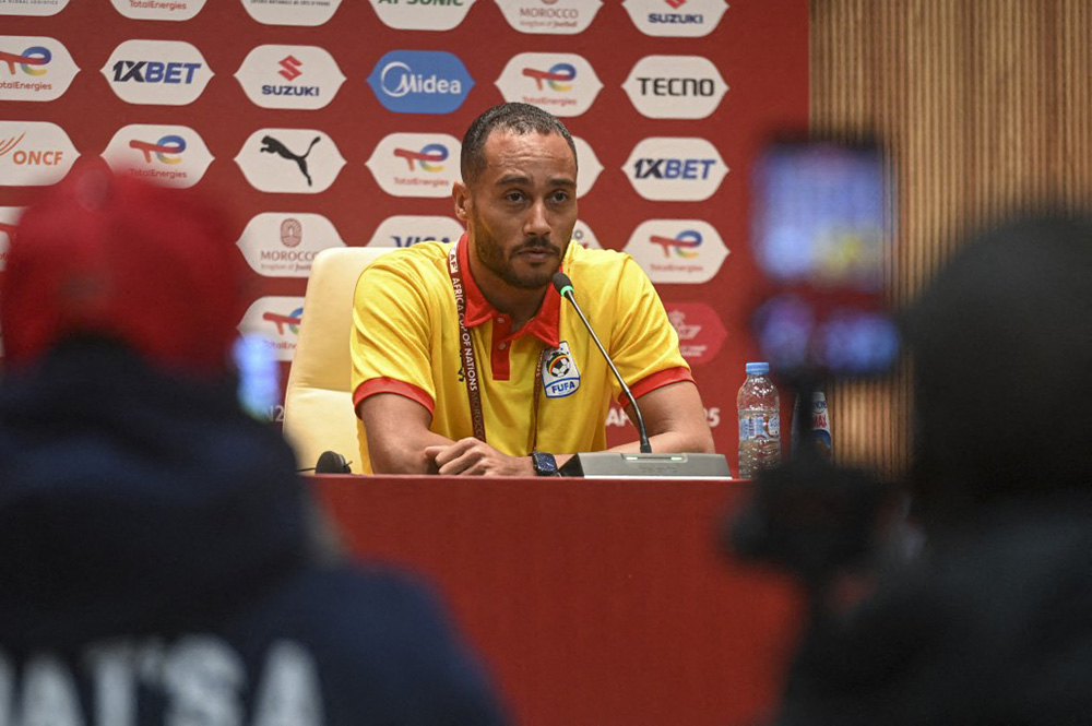 Ugandan player Jordan John Obita addresses the media during a press conference at the Complexe Sportif de Fes, in Fes on December 28 2025. The player speaks about the team&rsquo;s preparation and focus ahead of upcoming challenges. (Photo by Issam Zerrok / Hans Lucas via AFP)