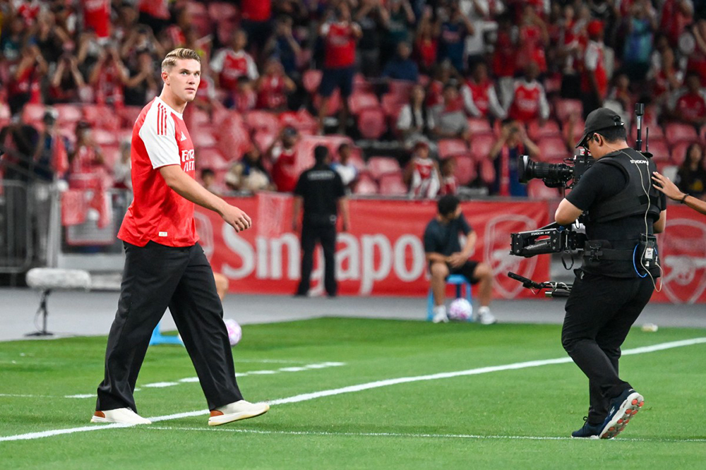 Arsenal’s Viktor Gyokeres walks on the field before their football match against Newcastle United at the National Stadium in Singapore on July 27, 2025. 
