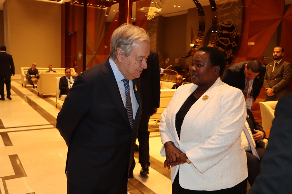 Premier Robinah Nabbanja talking to the United Nations General Secretary, Antonio António Guterres, after the meeting in Awaza City. (Courtesy)