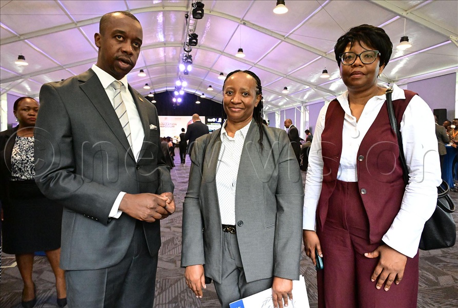 (L-R) Stefan Lawson Chief of Health at UNICEF Uganda, Prof. Charles Olaro Director General health services, Charles Ayume MP Koboko Municipality and State minister for primary healthcare and Dr. Kasonde Mwinga WHO Country Representative to Uganda share a group picture during the national immunization symposium at Serena Hotel in Kampala on June 25, 2026. (Credit: Maria Wamala)