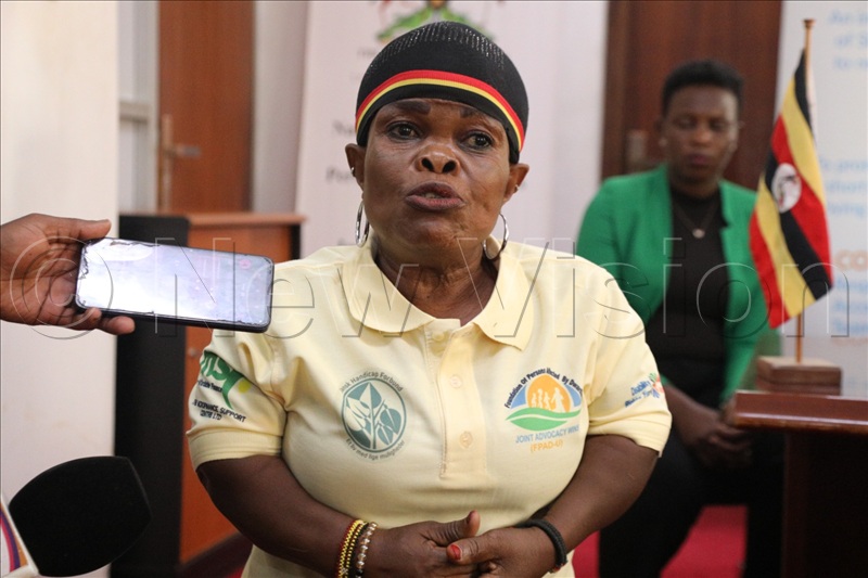 Sarah Nantege, aka Sarah Short, addressing journalists at the Gender Ministry. (Credit: Derrick Muduku)