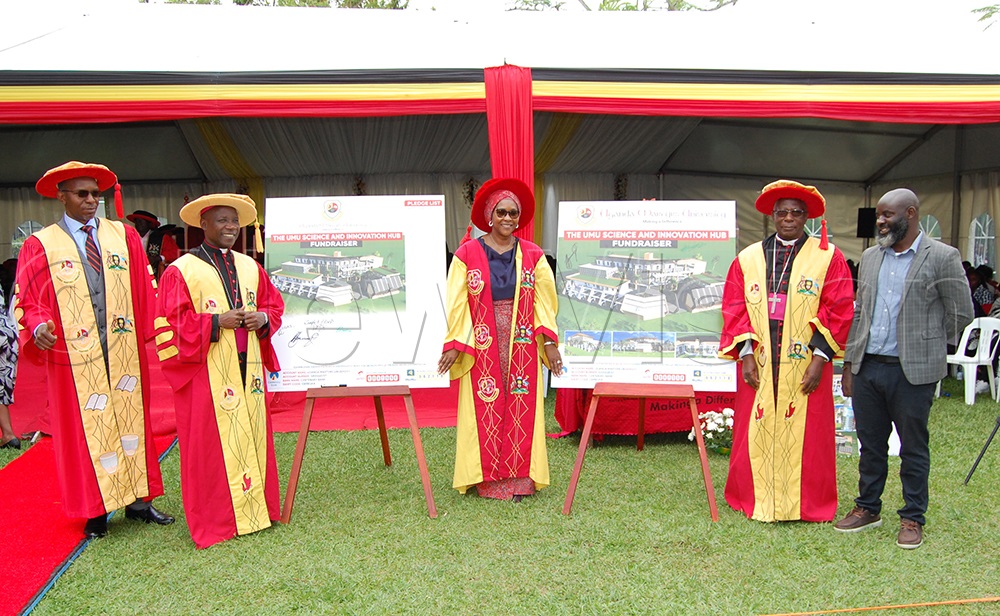 L-R: Prof. Patrick Kyamanywa, Bishop Joseph Eciru, Lady Gloria Byamugisha and Bishop Joseph Antony Zziwa share a photo moment after launchikng the fundraising drive for UMU's proposed Science and Innovtion Complex. This was during the university's 31st graduation ceremony at the main campus in Mpigi district on Saturday, October 18, 2025. (Photo by Mathias Mazinga)