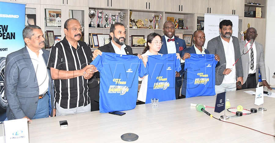 L-R: Suresh Babu, M.S. Saleem, Paresh Mehta, Tina Wanga, Herbert Bashasha, Simon Mugabi and Fred Kaweesi pose during the launch of the 9th City Tyres East Africa Badminton Challenge at the MAZ complex, September 17, 2026. Photo by Michael Nsubuga
